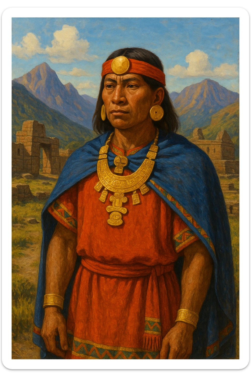 a single Muisca person from the pre-Columbian era, wearing traditional clothing and gold ornaments, with indigenous Andean features, depicted in vibrant colors, set in a historical Andean setting sticker
