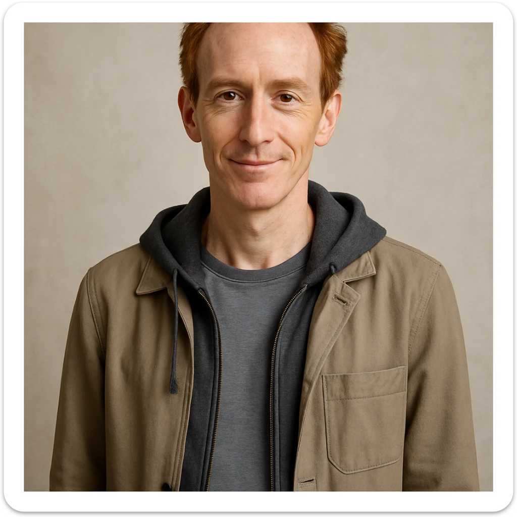 slim man with graying red hair, brown eyes, gentle smile, modern casual outfit sticker