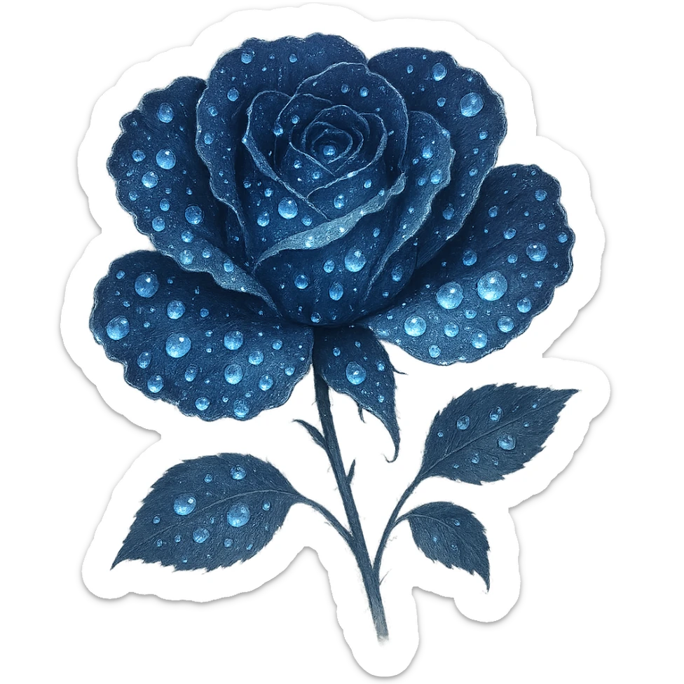Add glowing dewdrops on the petals of the midnight rose with rich navy petals, highlighted with silver threads and a gentle moonlit shine. Keep the background transparent. The style should reflect a delicate and ethereal look with emphasis on the glowing effect and silver accents. sticker