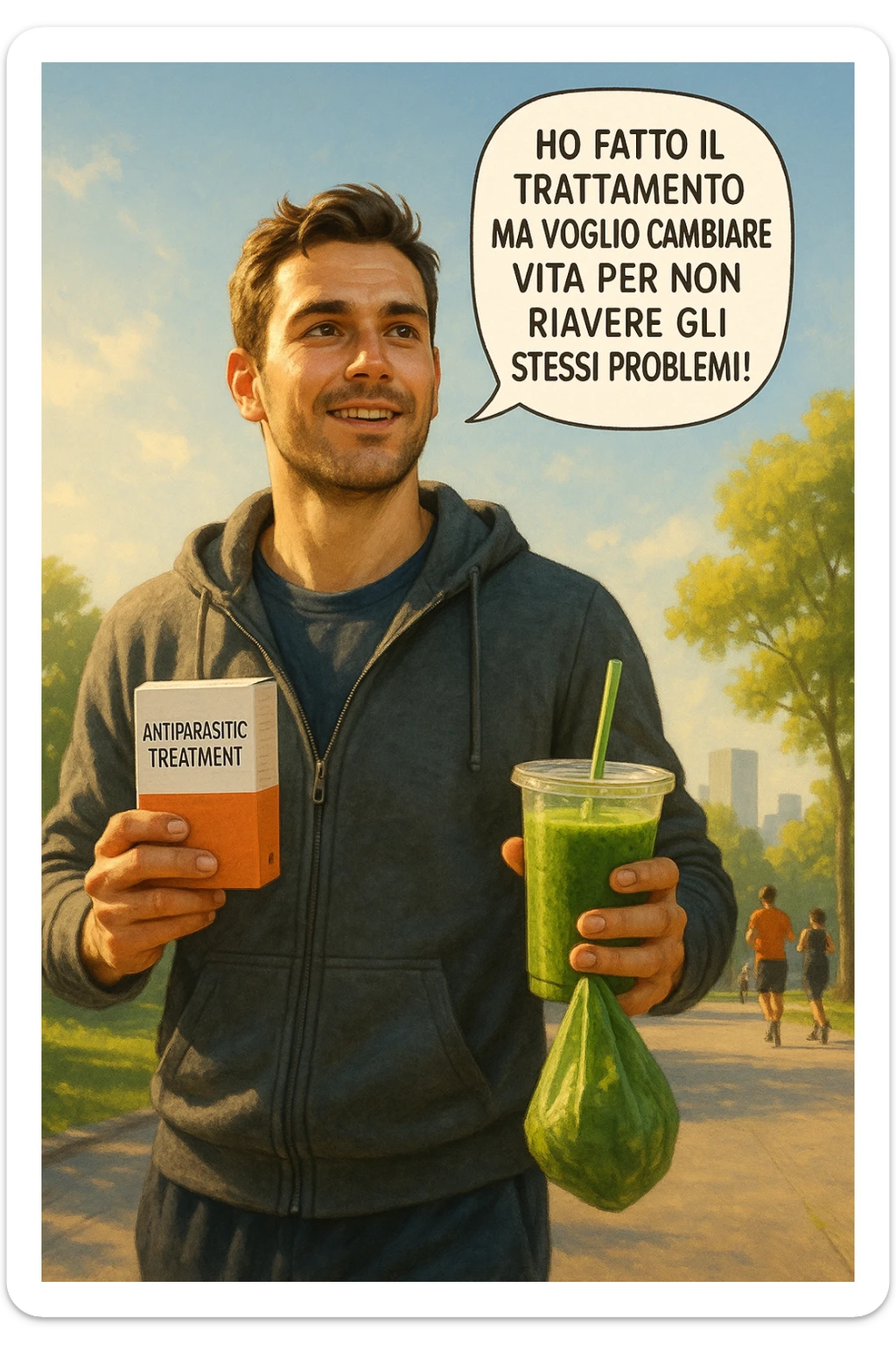 A realistic, cinematic illustration of a man in his early 30s with a determined and hopeful expression, standing outside under a bright morning sky, holding a small box labeled 'Antiparasitic Treatment' in one hand, while in the other hand he holds a fresh green smoothie or a bag of vegetables. A speech bubble near him says: ‘Ho fatto il trattamento ma voglio cambiare vita per non riavere gli stessi problemi!’ The man is wearing casual but clean and sporty clothing, symbolizing a fresh start, with the background showing a city park with green trees, morning light, and people jogging, indicating a healthy lifestyle. The atmosphere is bright, uplifting, and motivating, clearly illustrating the transition from treatment to lifestyle change to prevent future health issues. The style is realistic with warm tones, showing positive energy and commitment to change in italiano sticker