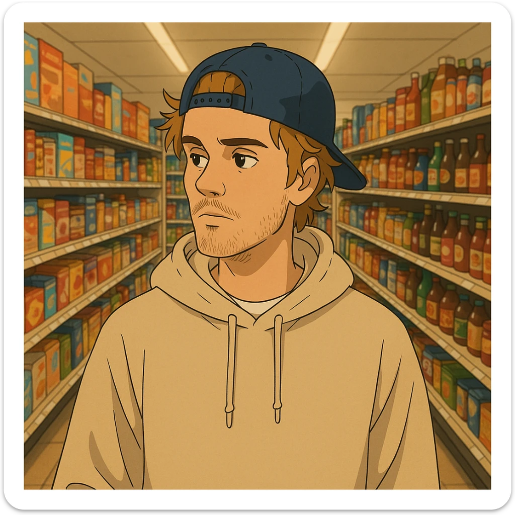 Justin Bieber in a supermarket aisle, casual clothes, ghibli style sticker