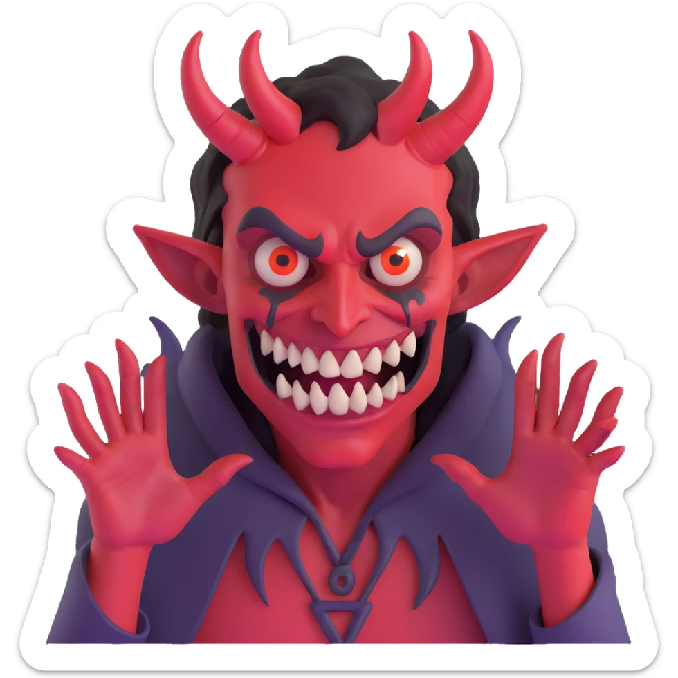 Demonic artist with wild eyes and a sinister smile painting hellscapes sticker