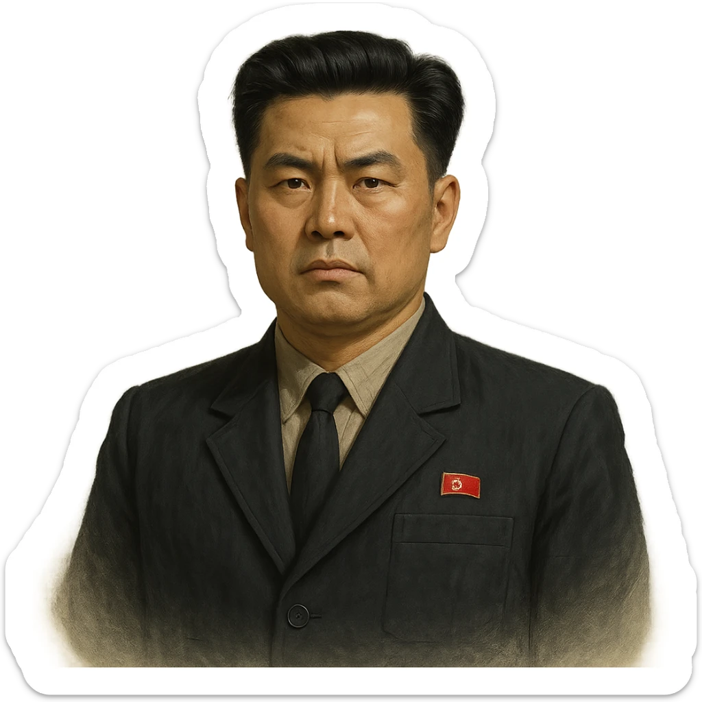 Portrait of a North Korean man, serious and stern, official portrait of a chief engineer at a shipyard, wearing formal dark clothing, neutral background, restrained style, DPRK propaganda style portrait, minimalist, masculine, confident gaze, in the style of Bufo sticker