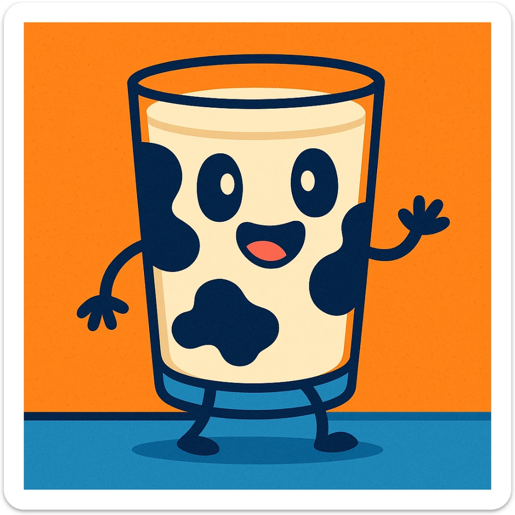 a glass of milk with cow spots, cartoon style sticker