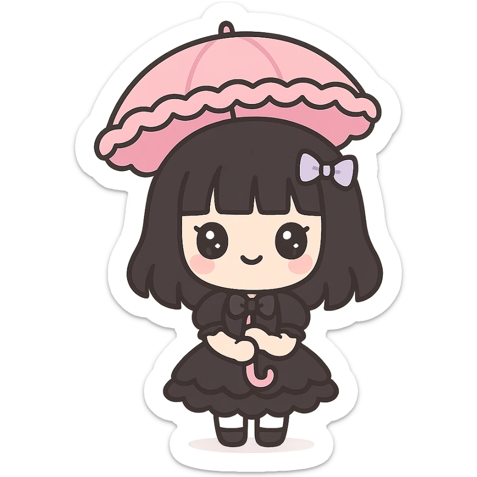 goth girl, pale skin, black hair, gothic lolita dress, umbrella, kawaii style sticker