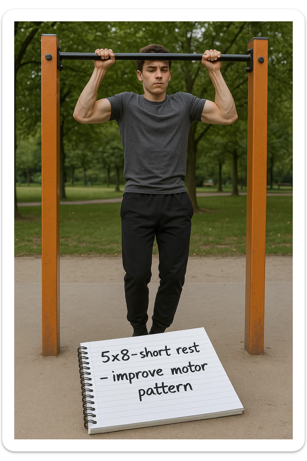 Giovane principiante dello streetlifting in un parco, fisico ancora asciutto, esegue lunghe serie di trazioni senza peso, con tecnica controllata. A terra, un taccuino con scritto '5x8 - riposo breve - migliorare schema motorio'. Espressione concentrata. Luce naturale, atmosfera educativa, senso di costruzione progressiva. sticker
