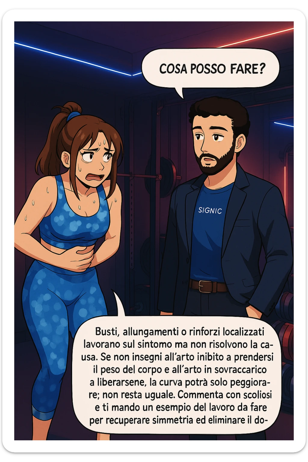 ispirati a questo stile di disegno e fai questa immagine in versione manga/webtoon a colori, il manga mostra la donna preoccupata che chiede: "COSA POSSO FARE?" E L'UOMO CHE RISPONDE: Busti, allungamenti o rinforzi localizzati lavorano sul sintomo ma non risolvono la causa. Se non insegni all’arto inibito a prendersi il peso del corpo e all’arto in sovraccarico a liberarsene, la curva potrà solo peggiorare; non resta uguale. Commenta con scoliosi e ti mando un esempio del lavoro da fare per recuperare simmetria ed eliminare il dolore. sticker