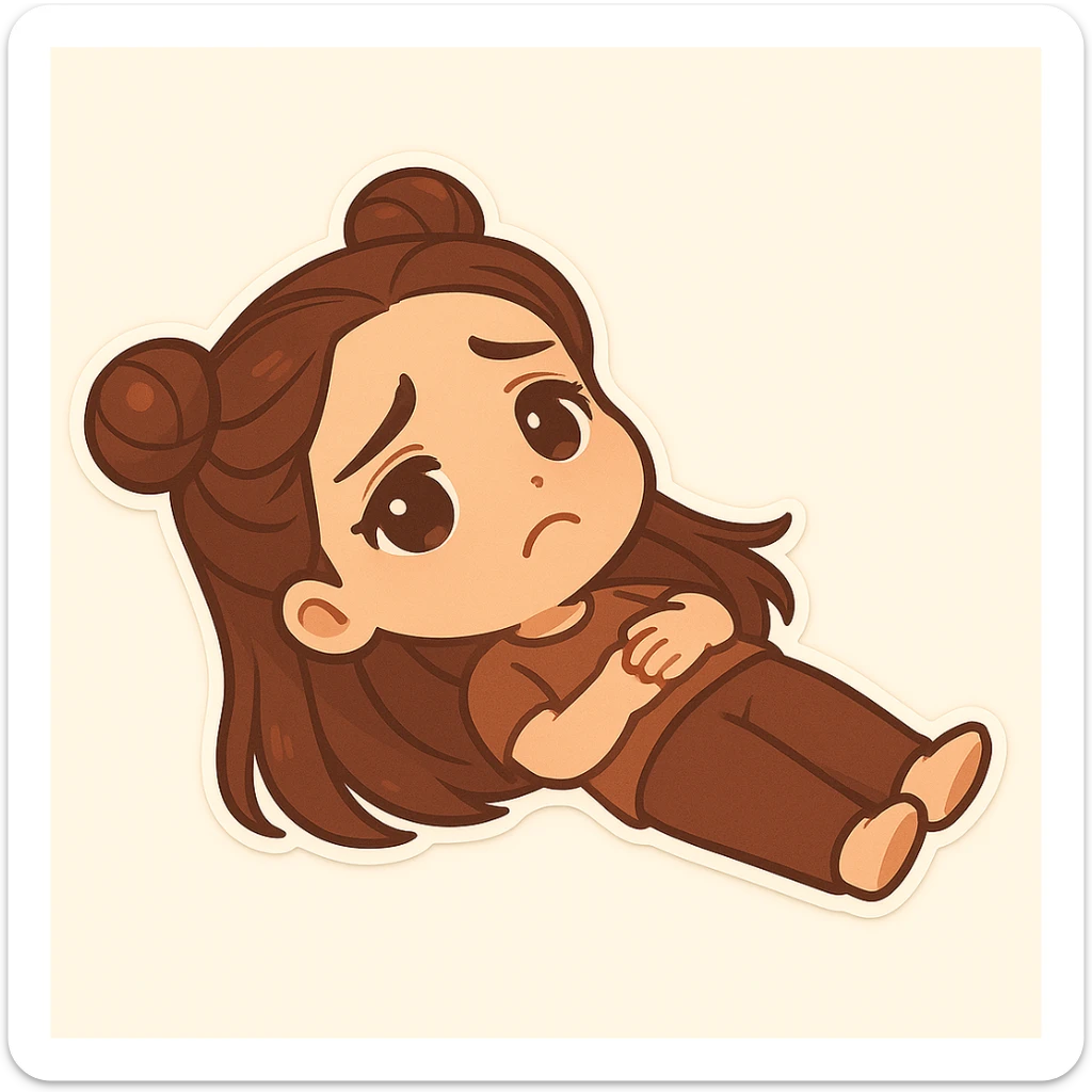 Create a chibi sticker of the girl lying on her back on the ground, looking sad with a 'not alone' vibe, featuring the double bun hairstyle as shown in the reference image. sticker