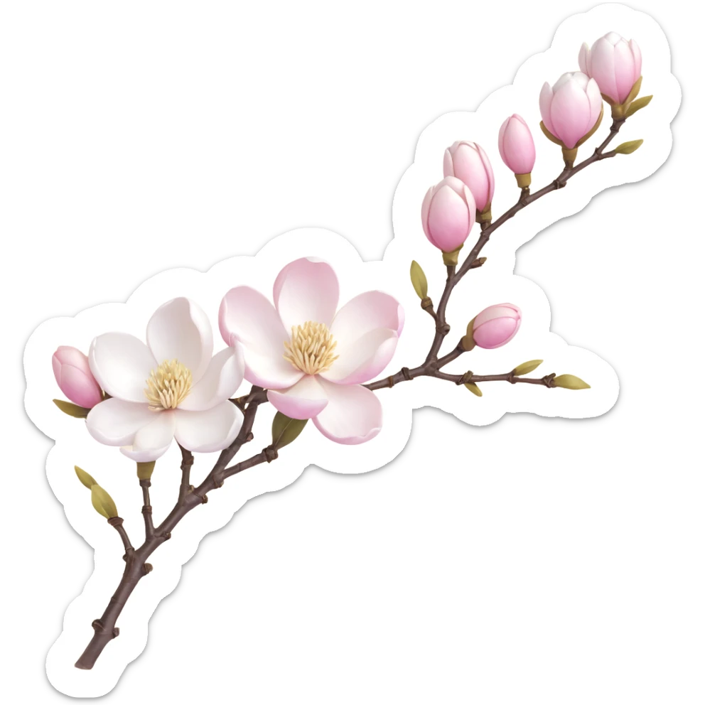 Traditional Japanese Magnolia kobus (kobushi) blossom with sumi-e brush stroke style, delicate white flowers on bare branch, zen aesthetic with subtle ink wash background sticker