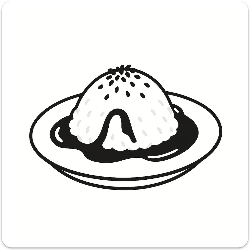 A dish of rice topped with black sesame seeds and soy sauce, black doodle style. sticker