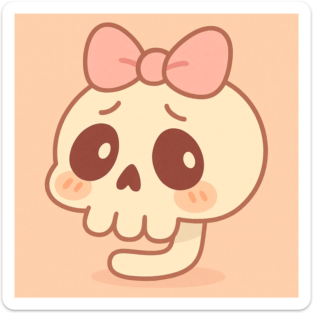 a shy skull with a pink bow, pastel toon style, soft pastel colors, gentle shading, cute and shy expression sticker