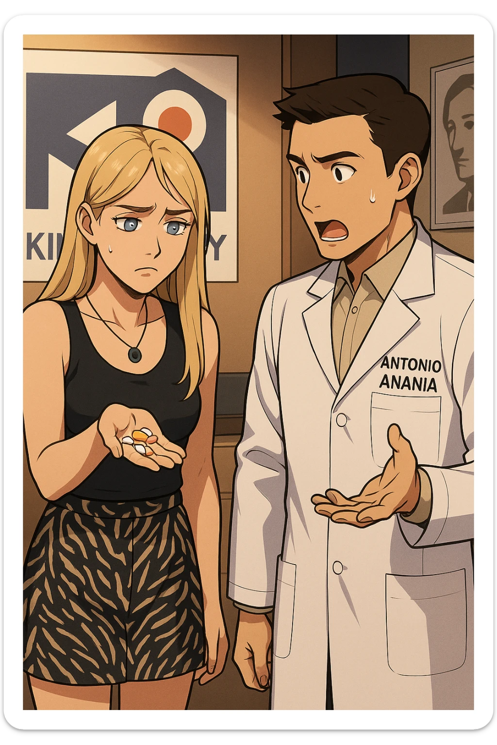 fai un webtoon/manga a colori con questo kinesiologo in camice bianco (fagli la scritta "ANTONIO ANANIA" SUL CAMICE) CHE PARLA CON QUESTA RAGAZZA CON GLI OCCHI AZZURRI. LA RAGAZZA HA UN PUGNO DI INTEGRATORI IN MANO (TANTE PILLOLE DIVERSE) E LE GUARDA DUBBIOSA. IL KINESIOLOGO CON IL CAMICE BIANCO LE DOMANDA UNA COSA SCIOCCATO. NON FARE I FUMETTI, FAI SOLO LORO COME SE DIALOGASSERO sticker