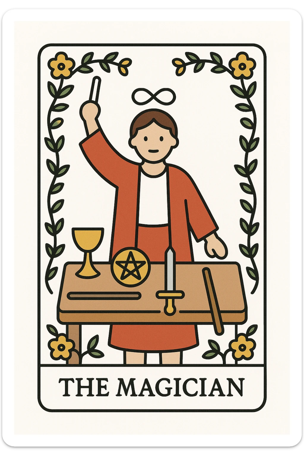 Simplified emoji of The Magician tarot card inspired by Rider Waite Smith, showing a magician with a wand, table with symbols, floral border, classic tarot card style, white background sticker
