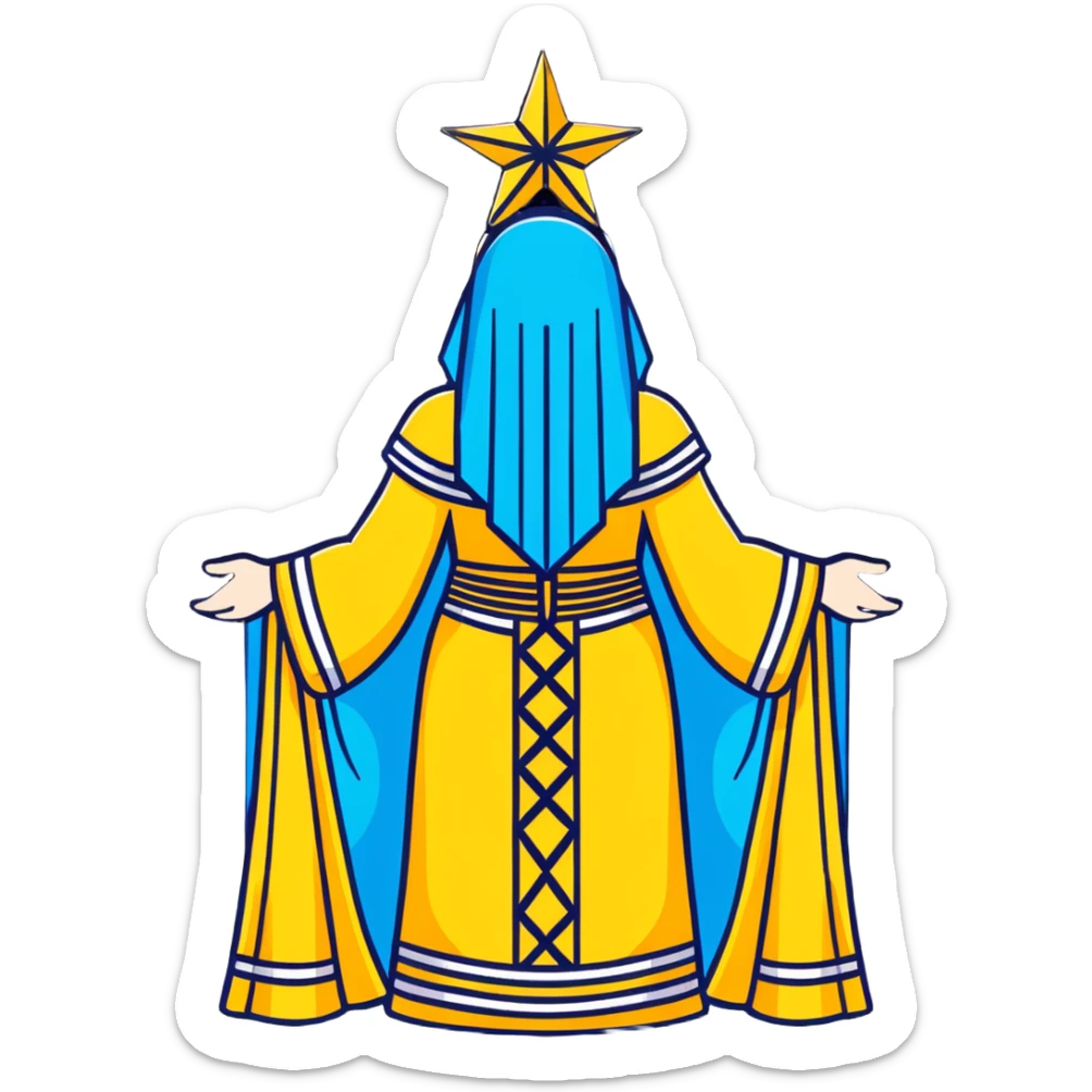 back view of Anunnaki goddess Inanna with detailed ceremonial robes and star symbols sticker