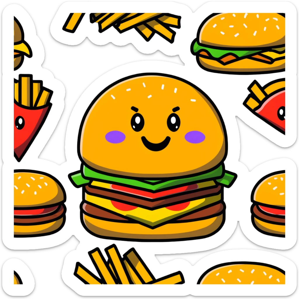 A fun food monster made of burger, pizza, and fries with cartoon eyes and a big smile sticker