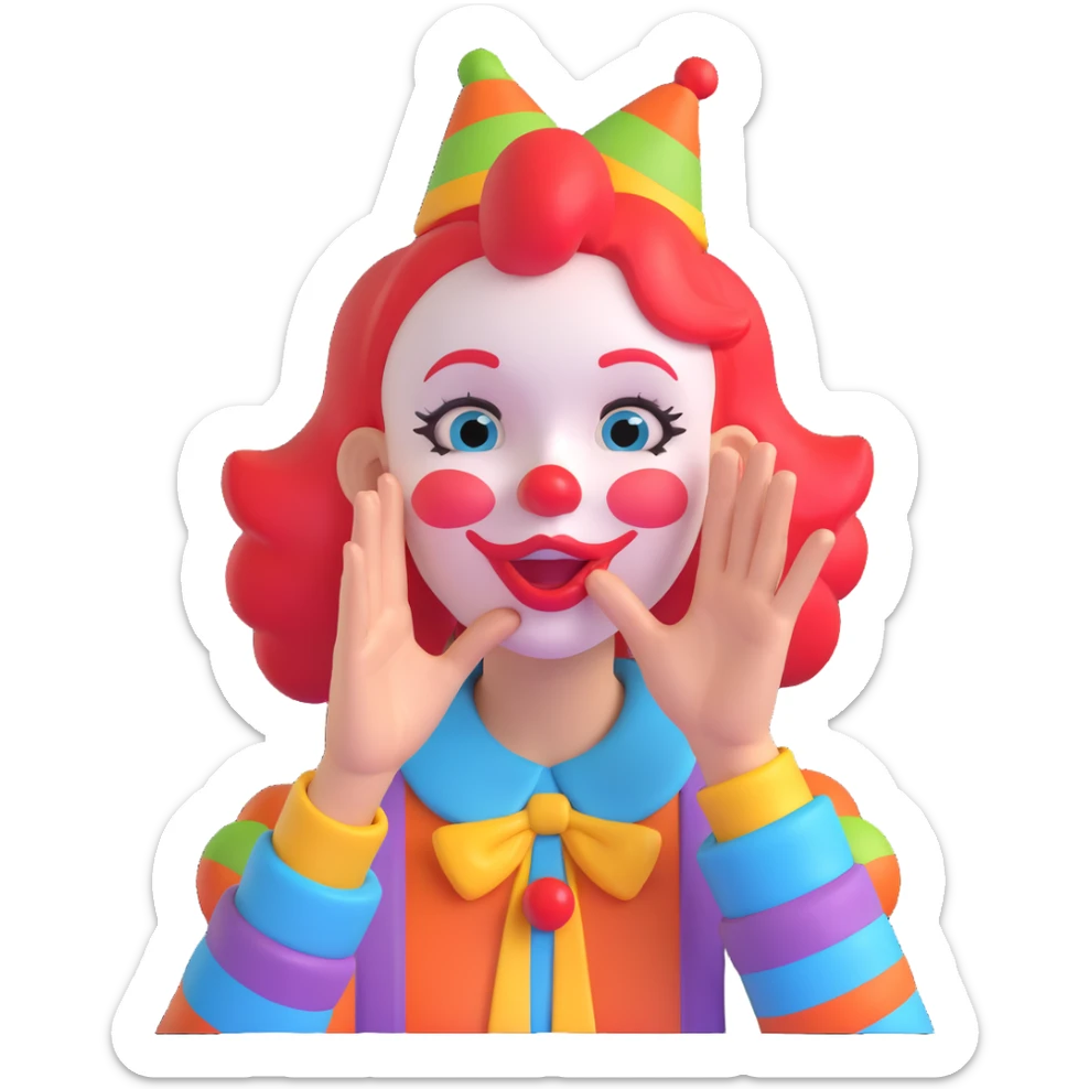 cartoon clown girl, hand raised to her mouth in a secret-sharing gesture, fun and animated style, vivid colors sticker
