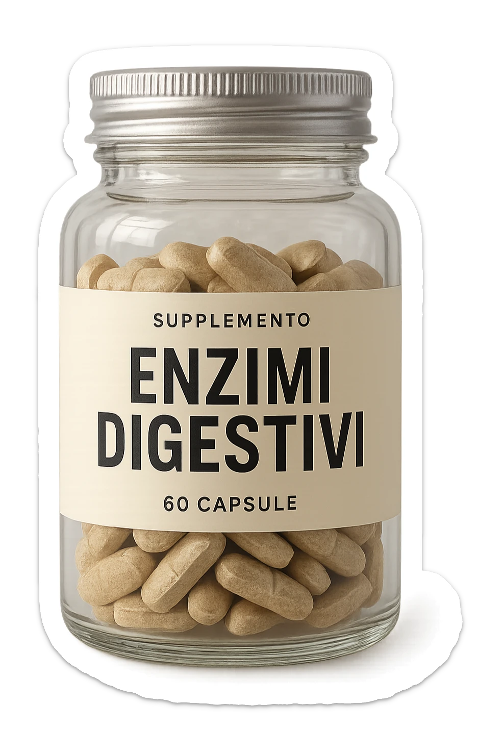 barattolo di integratore con la scritta "ENZIMI DIGESTIVI", iperrealistico 4k sticker