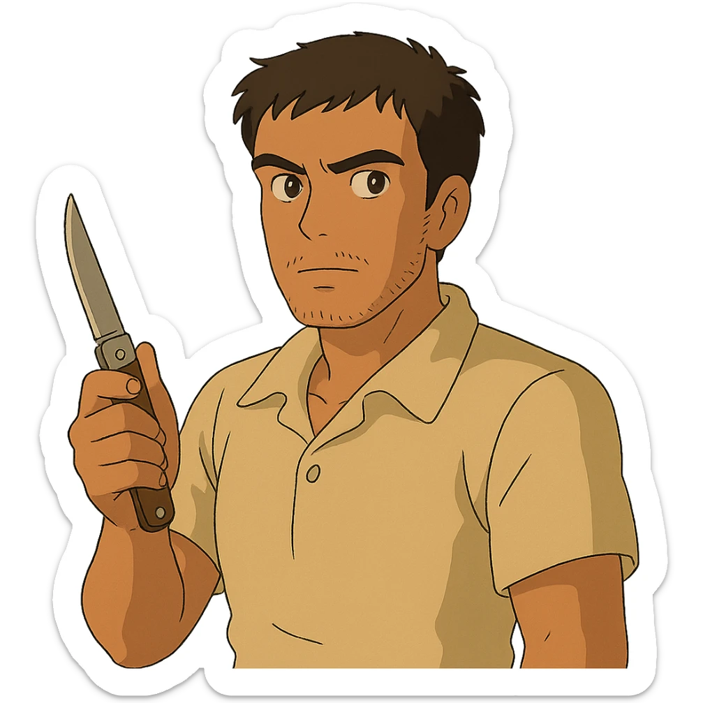 hombre con piel moreno clara, navaja en la mano, estilo ghibli sticker