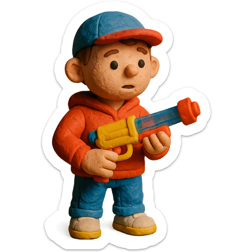 claymation style little white kid in urban clothes, holding a playful toy gun sticker