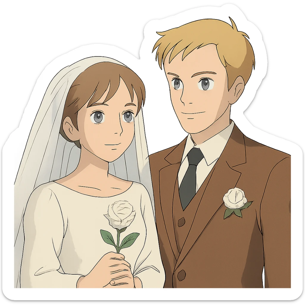 ghibli style portrait of a bride with light brown hair and grey-blue eyes, and a groom with blonde hair, blue eyes, wearing a brown suit sticker
