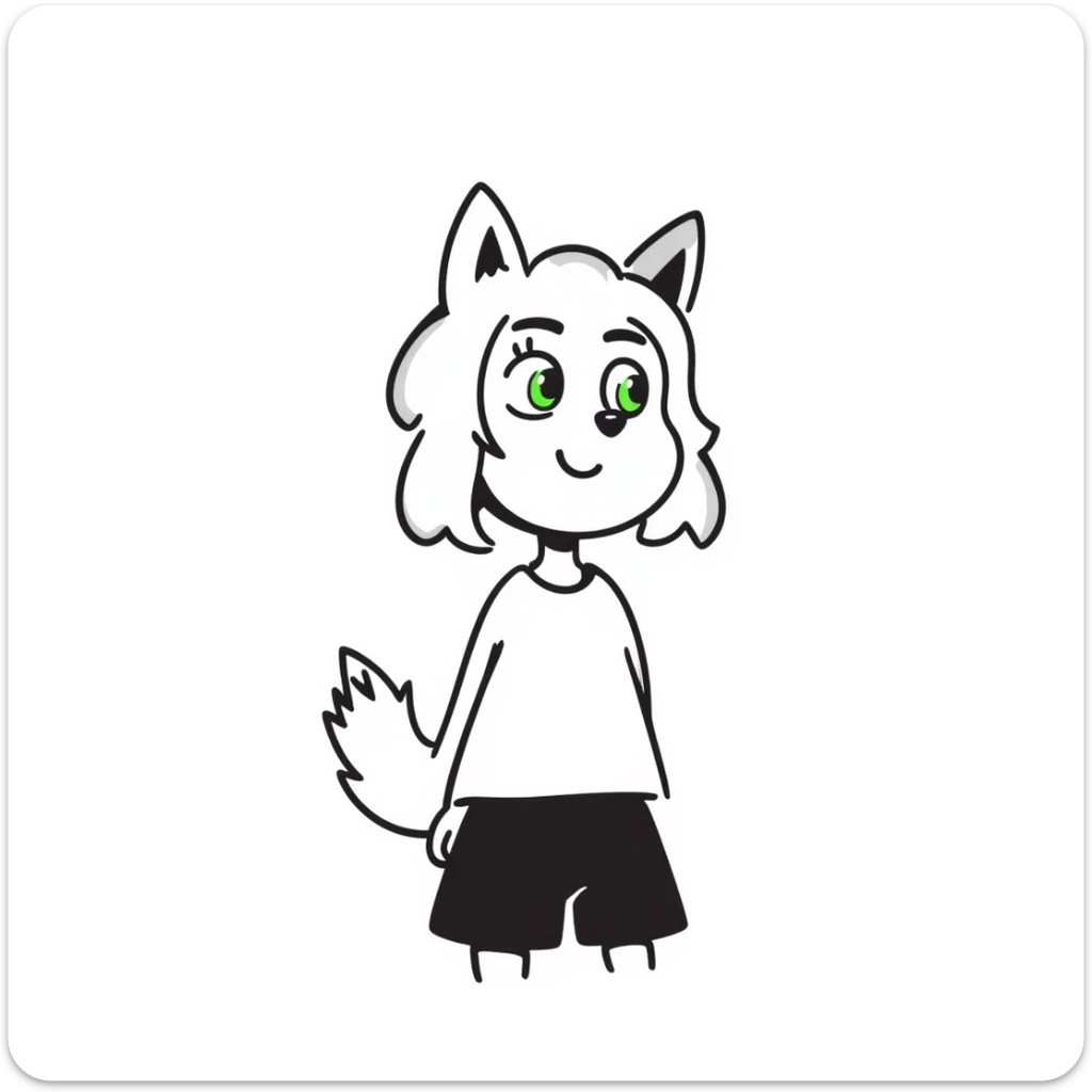 hand-drawn doodle style furry girl with wolf ears and tail, short blonde hair, green eyes, loves evening walks sticker