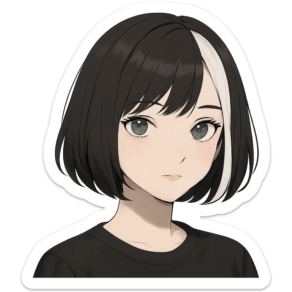 girl with short black hair, bob, with a white strand and gray eyes sticker