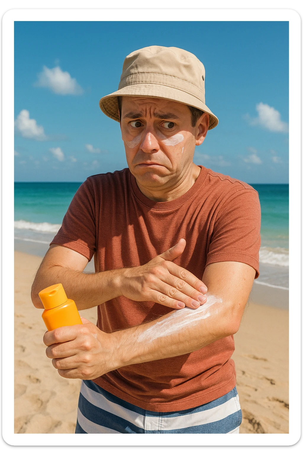 uomo a mare che si mette la crema solare perchè ha paura del sole sticker