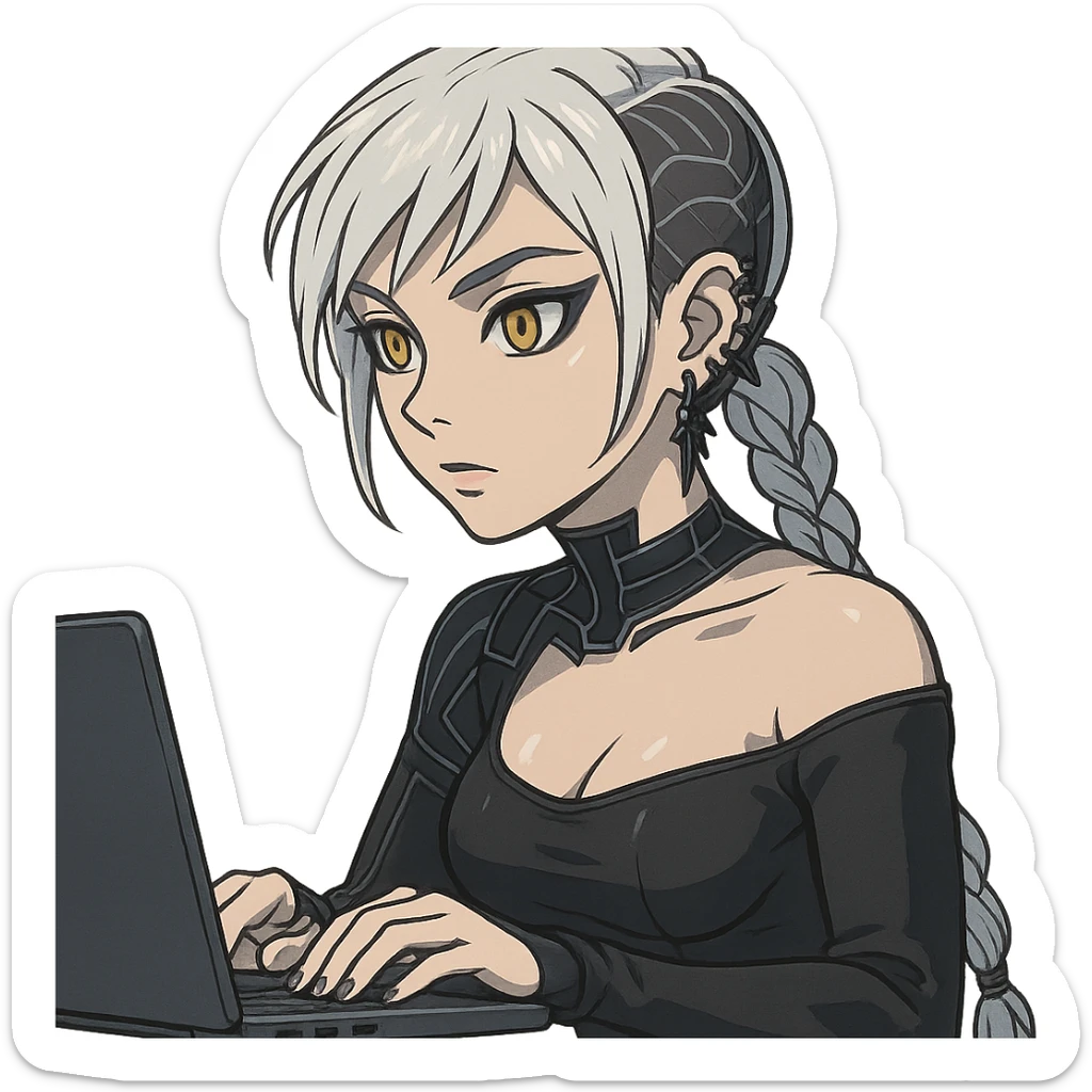  she is sitting at a laptop typing, a closeup portrait of young woman with gold yellow eyes, white hair, long braid, black off-shoulder top d-cup, punk gothic style, futuristic cyberwave cyberpunk, sitting position
 sticker