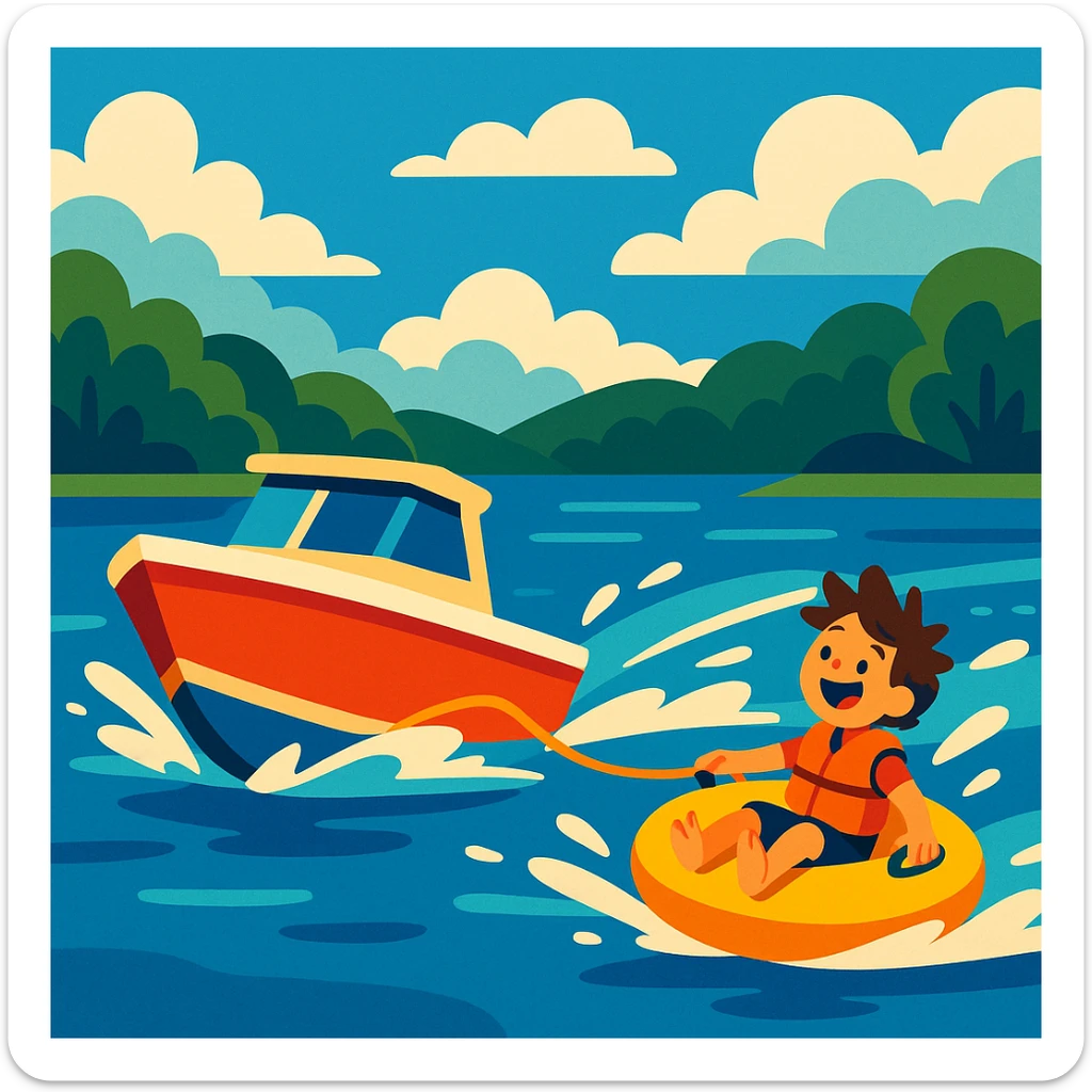 a boat with a rope attached to an inner tube, both moving fast on a lake, playful mood sticker