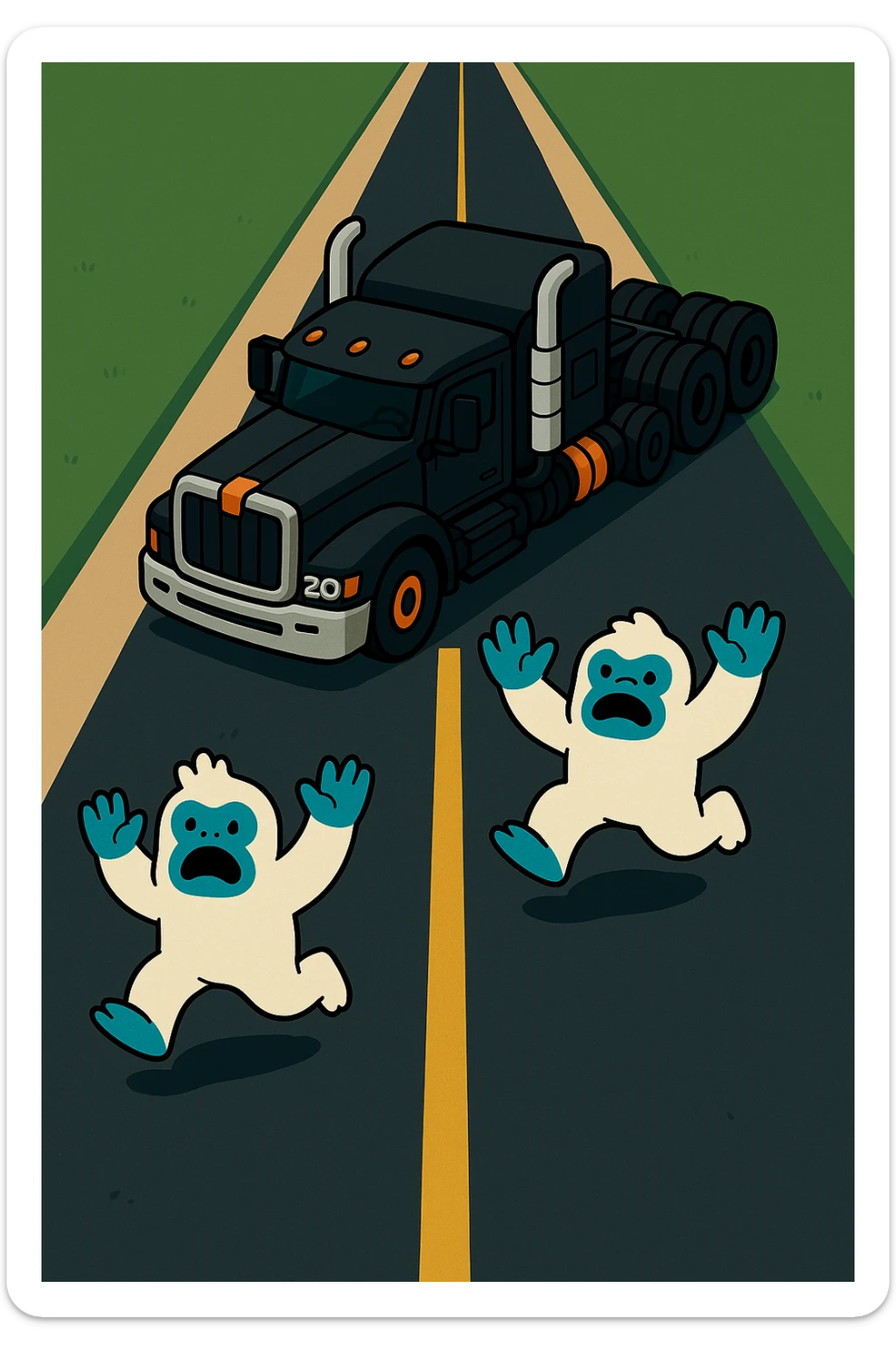 Place the small abominable snowman clearly on a long road in front of the black 2026 Kenworth W680 flat top semi sleeper, top-down vibrant toon style, no text, make the road much longer. sticker
