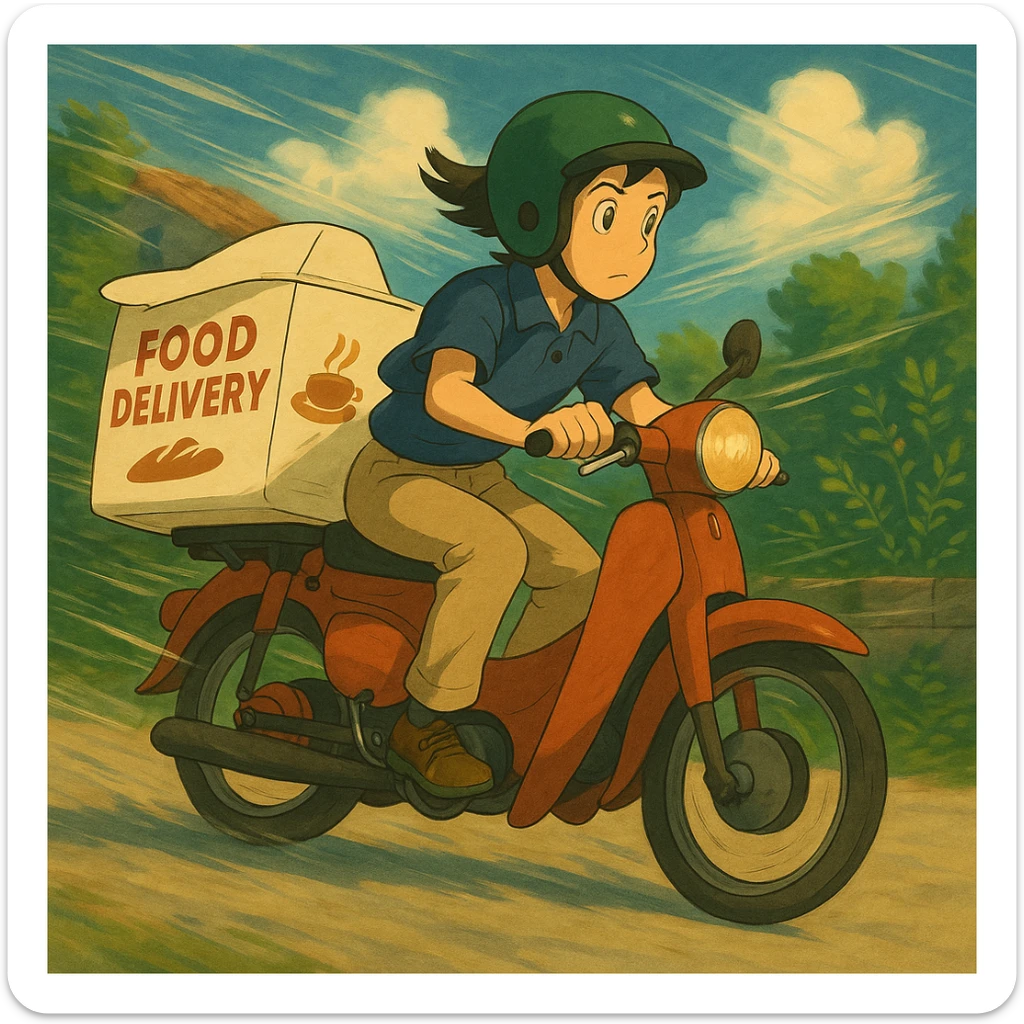 Add a wind effect to the food delivery bike, keep the ghibli style. sticker