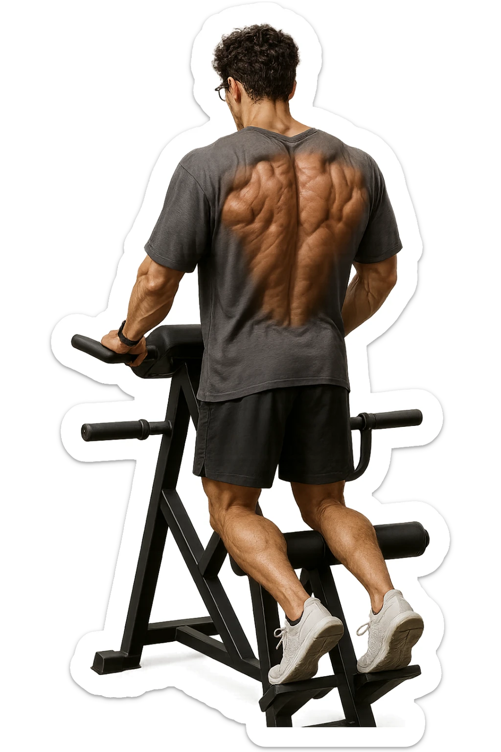 lascia questo ragazzo identico ma fallo in piedi di spalle con fasci muscolari della schiena contratti, senza macchinari, solo la sua figura, iperealistico 4k sticker