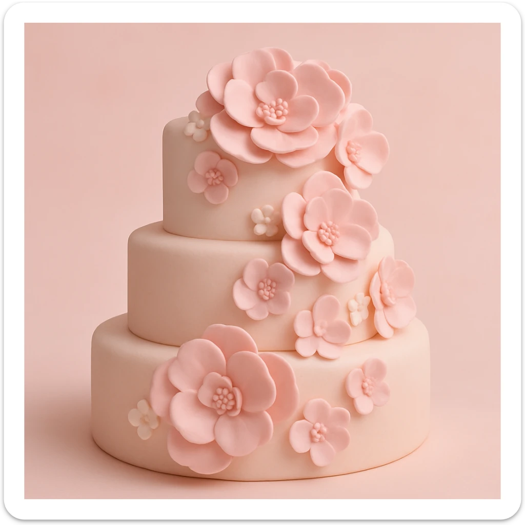 wedding cake with pink fondant flowers and a light pink background sticker
