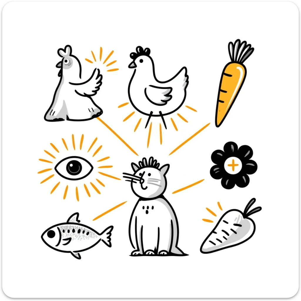 Ethereal magical image of glowing chicken, luminous fish, and radiant carrots with golden beams connecting them to a healthy eye, glowing skin and a shimmering immune shield sticker