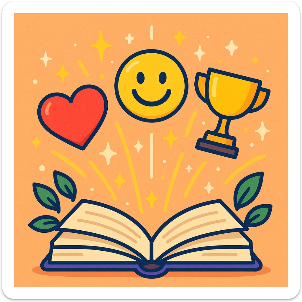 open book with sparkles and leaves transforming into icons of health, happiness, and success, inspiring style sticker