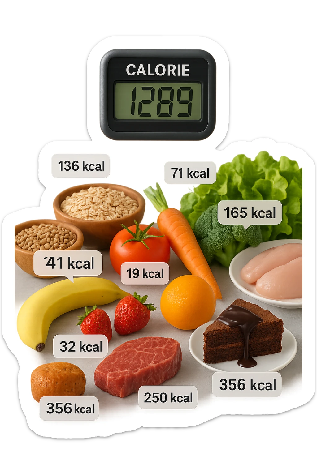 a digital calorie counter hovers above a variety of foods arranged on a table—fruits, vegetables, grains, meats, and desserts. Each food has a floating label showing its calorie content. The background is clean and modern, emphasizing the educational aspect of calorie awareness. scritto in italiano sticker