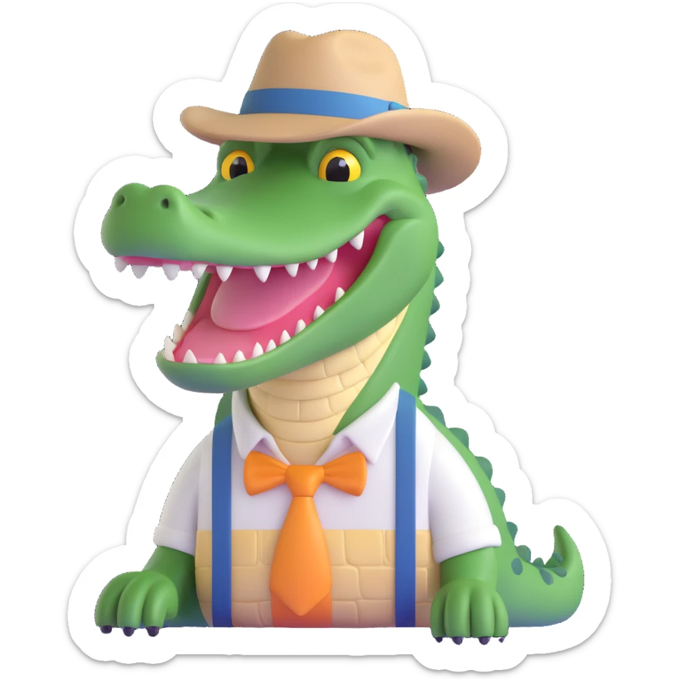 a grandpa alligator, smiling, wearing a hat and suspenders, looking cheerful sticker