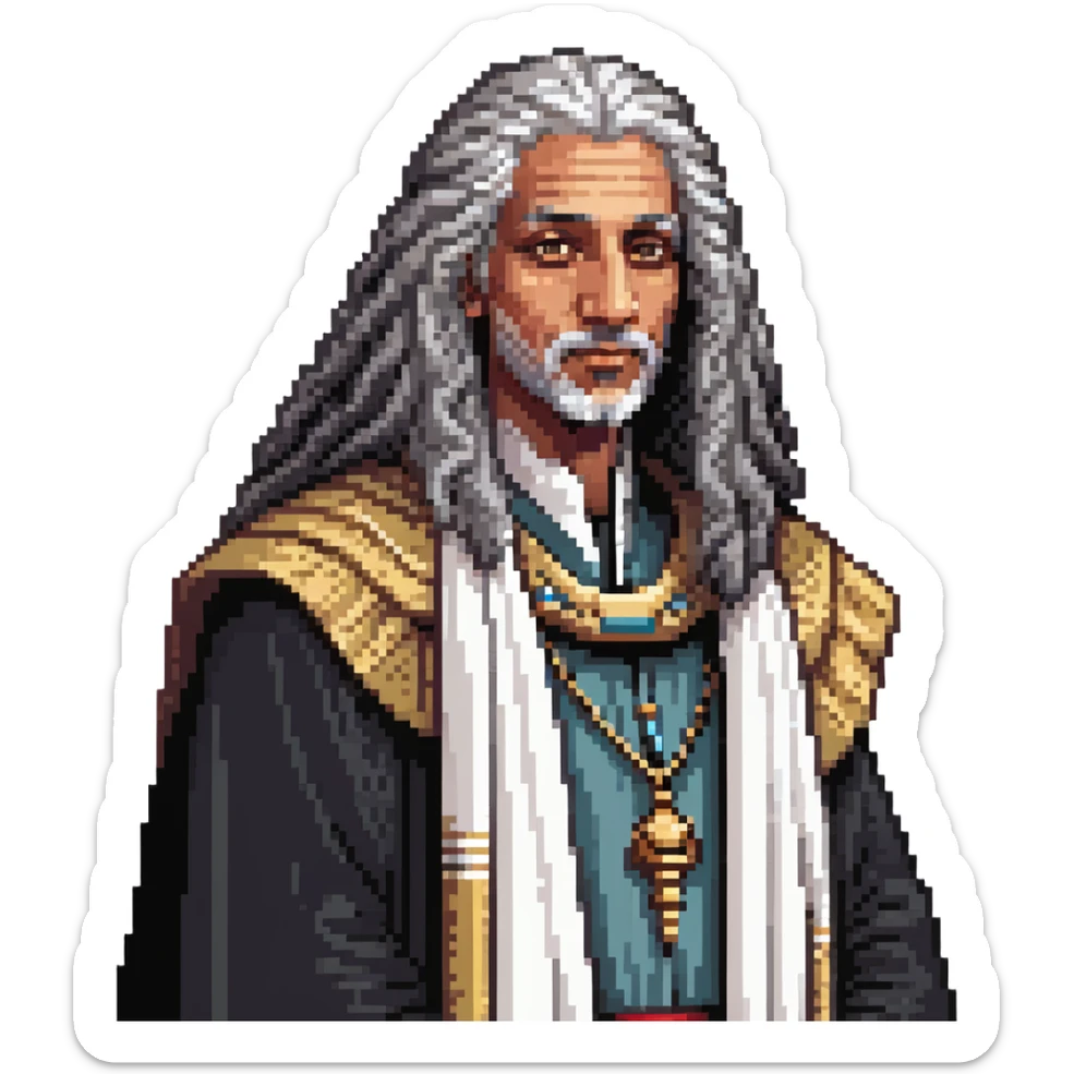profile portrait of an Egyptian historian with long curly grey hair, wearing an Egyptian cloak, large aquiline nose sticker