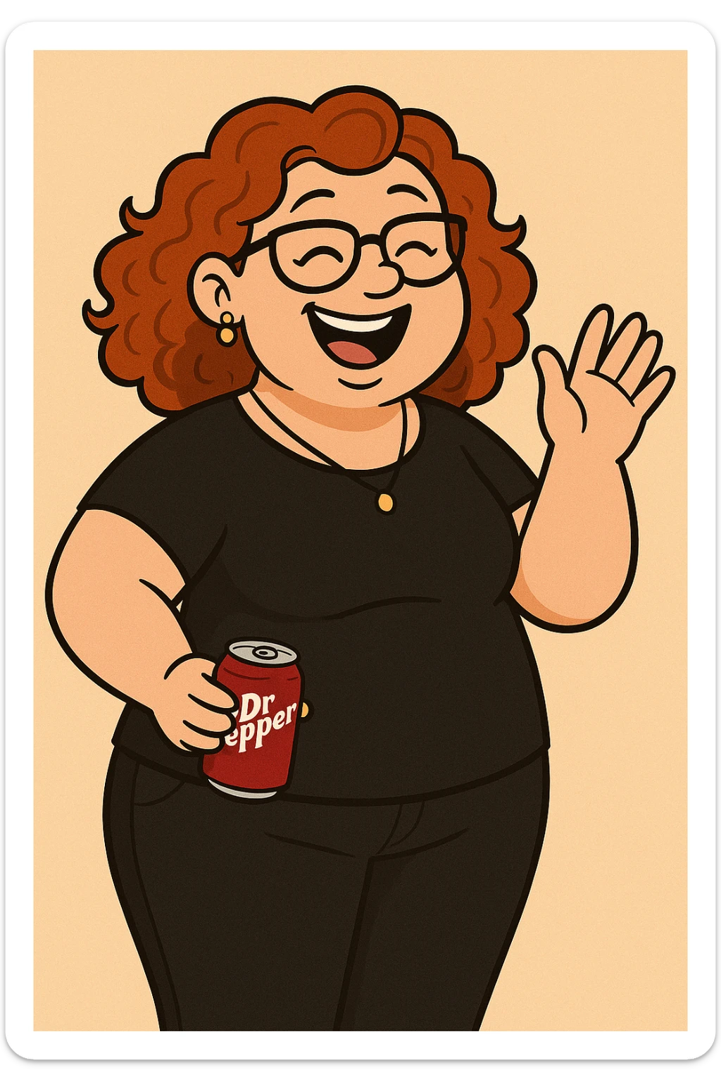 Add jewelry including earrings and a necklace, dress her in black clothes, and put a Dr Pepper soda in her hand. Keep her fun and approachable in the style of the original image. sticker