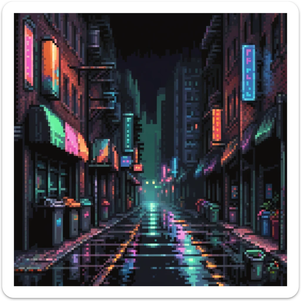 Pixel art background, side view of a dark Gotham-style street at night, moody lighting, flickering neon signs, trash bins, wet pavement, shadows in windows, 2D fighting game stage style, straight camera angle, retro arcade aesthetic
 sticker
