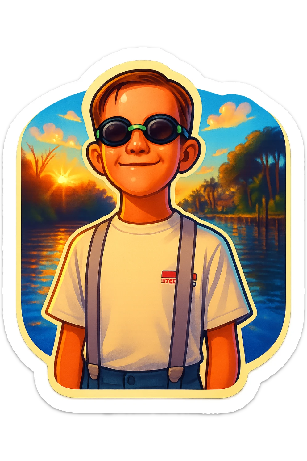 Combine the background of the first image showing a canal and sky with the person from the second image, a boy with goggles and suspenders, in the foreground. Create a vibrant and playful sticker-like look in retro stickers style. sticker
