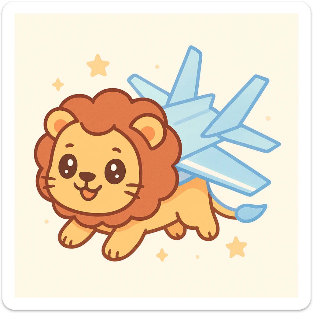 A cartoon lion styled like Nyan Cat with F-35 jet wings replacing the rainbow, rising upward, blue and white color palette, whimsical and playful sticker
