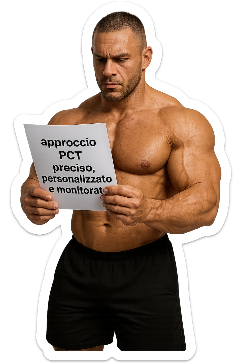 BODYBUILDER CHE LEGGE UN FOGLIO CON LA SCRITTA "approccio PCT preciso, personalizzato
e monitorato" sticker