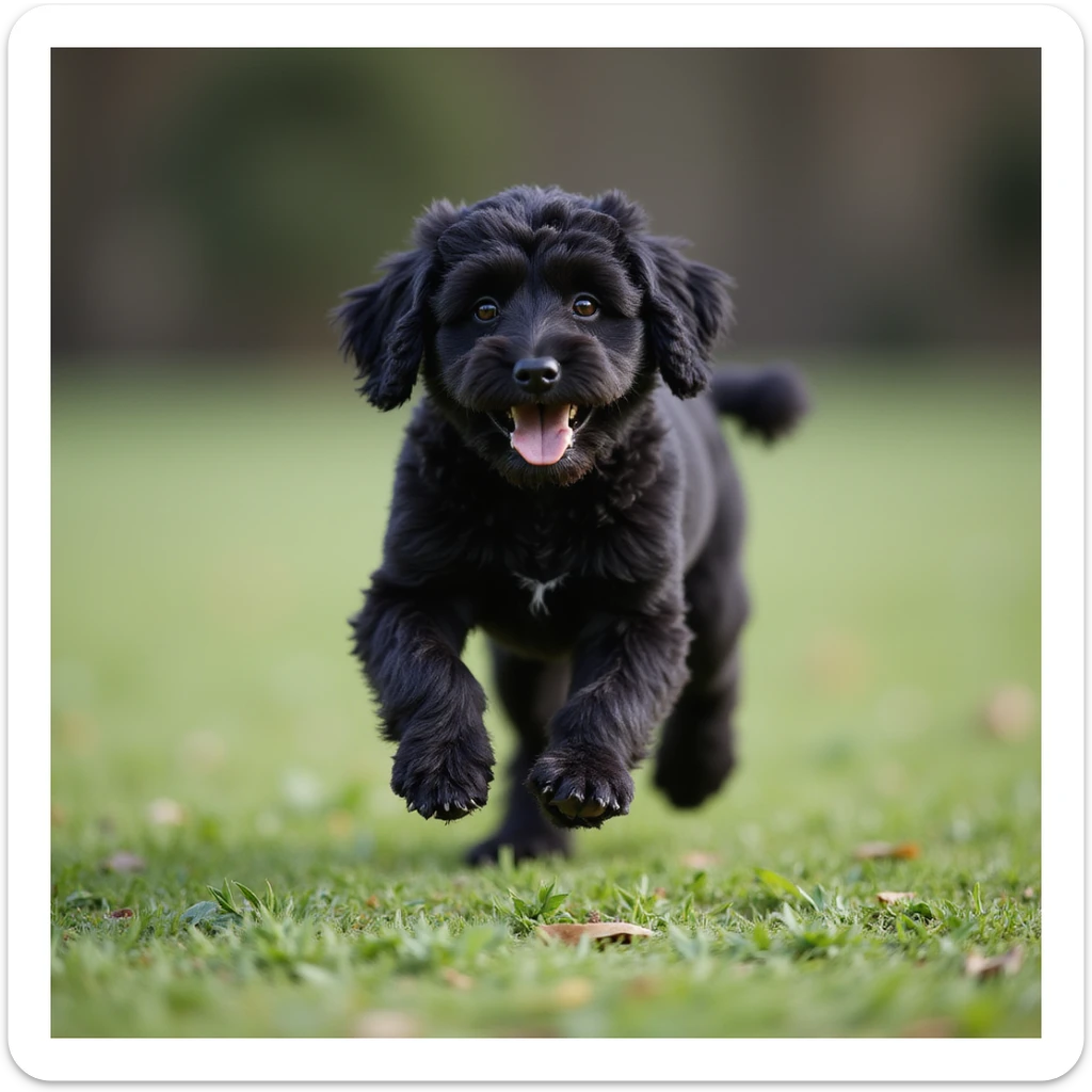 photorealistic black doodle dog running in a park, accurate details, green grass background sticker
