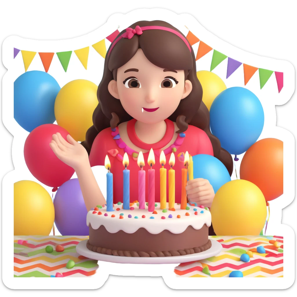 brunette girl blowing out candles on a birthday cake, joyful, party decorations sticker