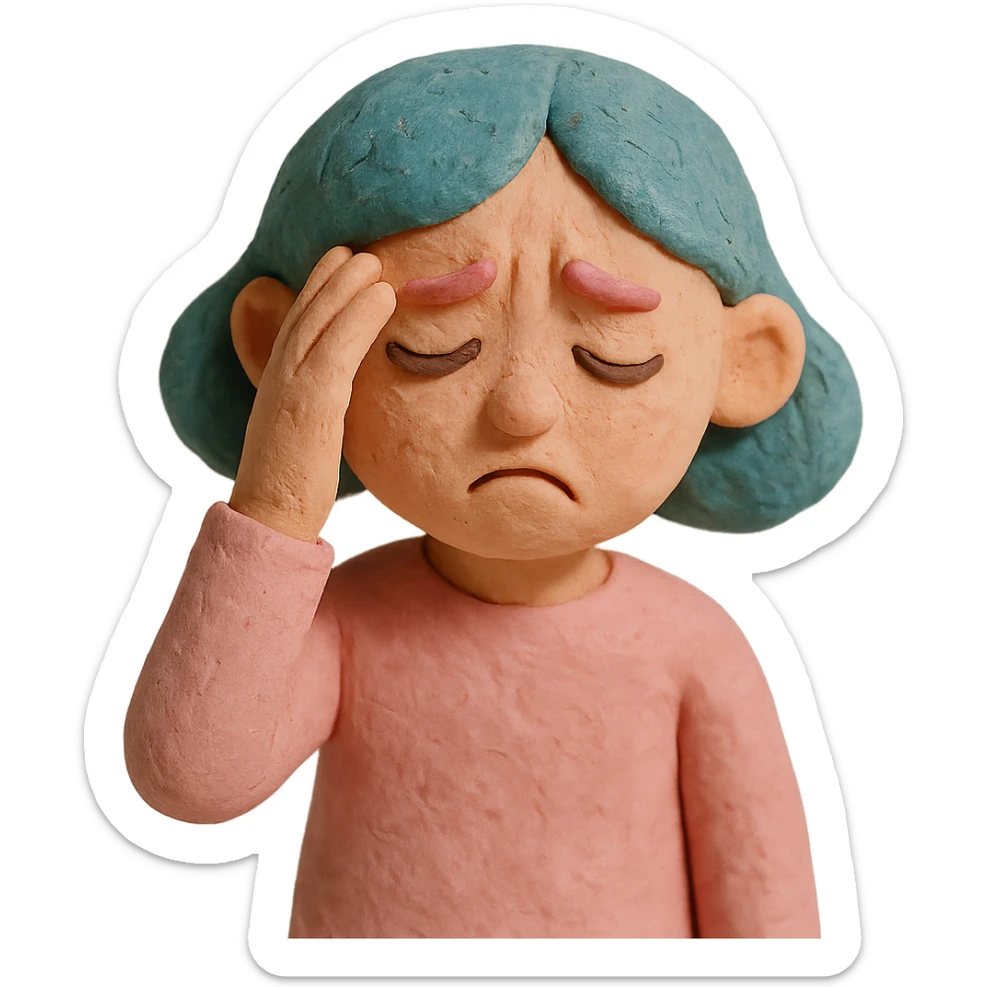 claymation style sad girl with headache, hand on temple, pastel colors sticker