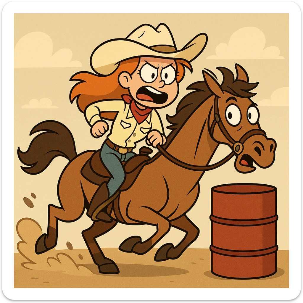 a girl barrel racing on a horse, western cartoon style, exaggerated expressions sticker