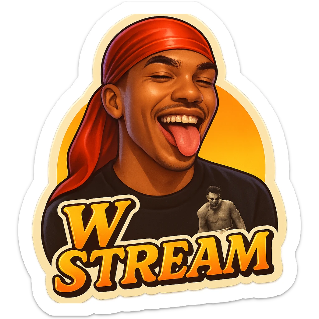 Make him Smiling with tongue sticking 
Change His durag To Red
Add the words W Stream sticker