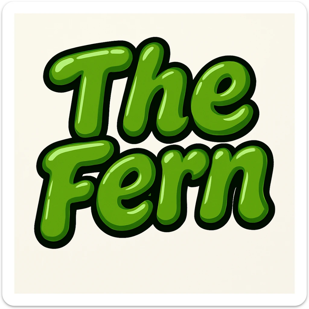 Add a black outline to the green bubble letters that say 'The Fern', keeping the rounded and glossy, energetic and lively style of the letters. sticker