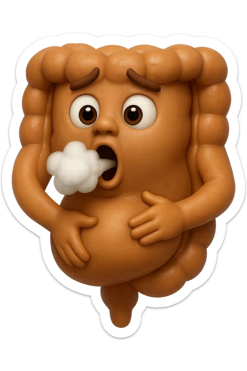 emoji stile iphone di un intestino che ingoia una nuvoletta di aria ben visibile e gli si gonfia la pancia, iperrealistico 4k sticker